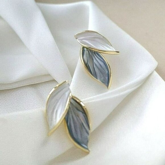 Natalie Elyse Leaf Earrings in Soft Blue and Creamy White on Gold Gift Packaged - Picture 9 of 9